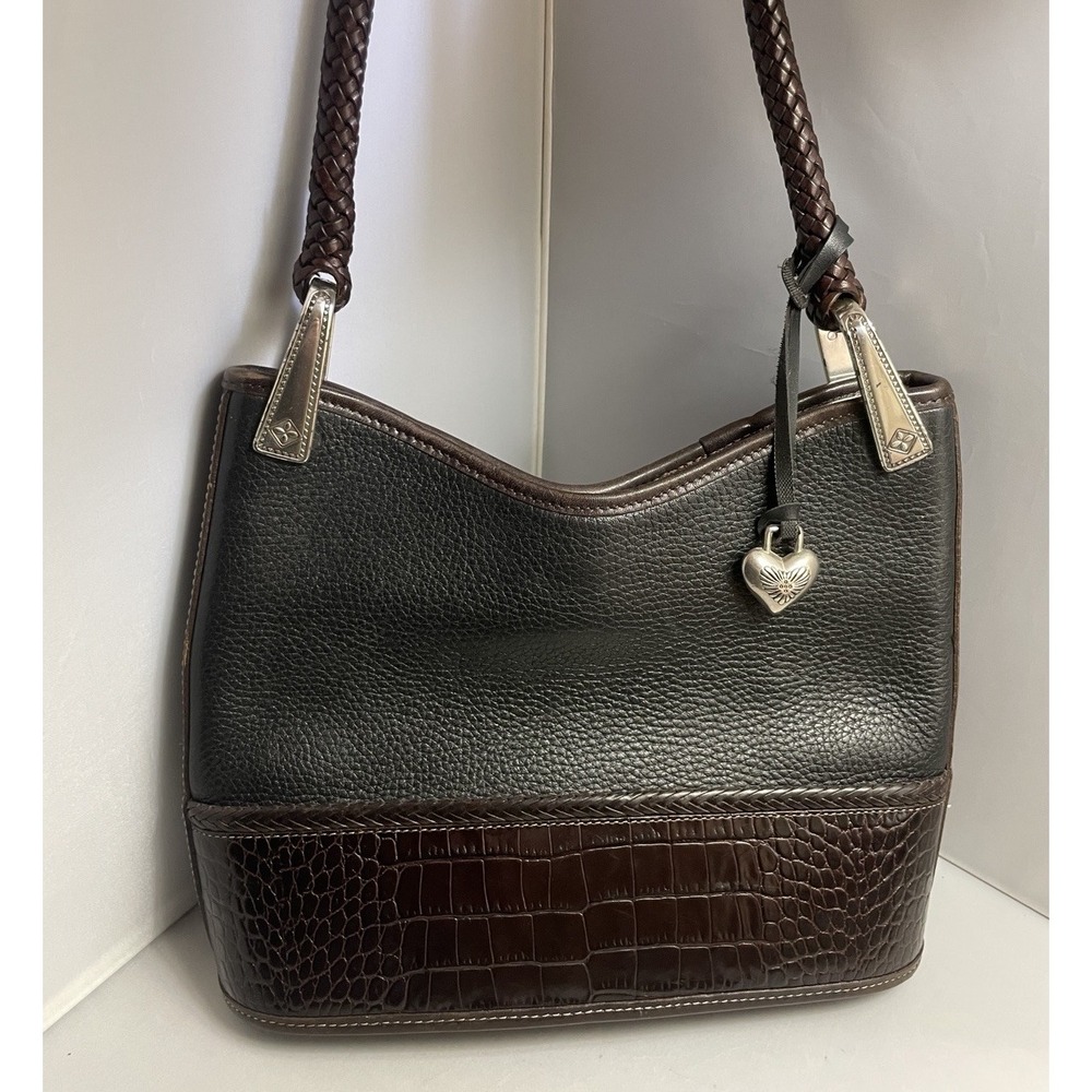 BRIGHTON Gina Black Brown Pebbled Leather Silver Hardware Braid Strap Purse